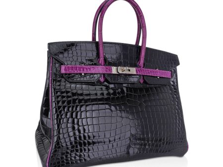 Hermes Special Order HSS Birkin 35 Bag Black & Violet Porosus Crocodile with Palladium Hardware Online Sale