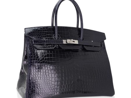 Hermes Birkin 35 Bag Blue Marine Porosus Crocodile with Palladium Hardware For Cheap