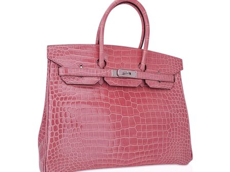 Hermes Birkin 35 Bag Rose Indien Porosus Crocodile with Palladium Hardware For Sale