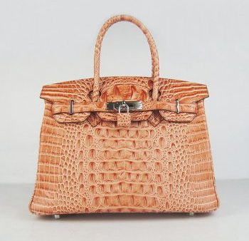 Hermes Birkin 30cm Crocodile Head Vein Handbags Orange Silver For Cheap