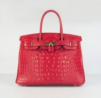 Hermes Birkin 30cm Crocodile Head Vein Handbags Red Golden For Cheap