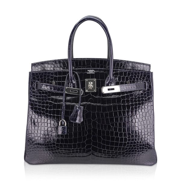 Hermes Birkin 35 Bag Blue Marine Porosus Crocodile with Palladium Hardware For Cheap