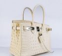 Hermes Birkin 30cm Crocodile Head Vein Handbags Beige Silver Hot on Sale