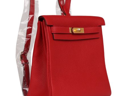 Hermes Kelly Ado II Backpack Rouge Casaque Clemence Gold Hardware For Sale