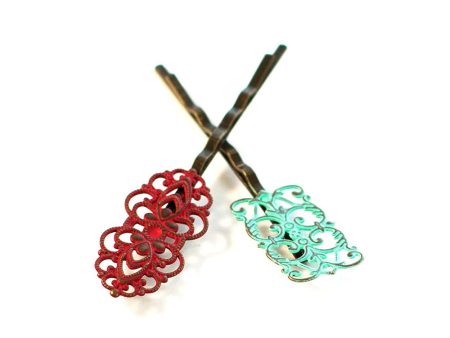 Dainty Bobby Pins (2 pack) - Hand Painted Art Deco Metal Filigree Hair Pin Online